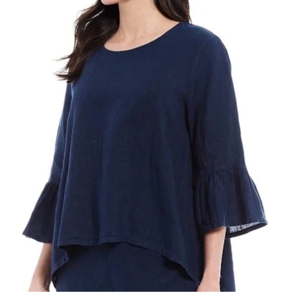 bryn Walker Tops - Bryn Walker Fran Linen Navy Blue Ruffle Bell Sleeve Top